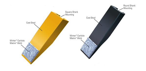 Illustration of two cast steel scarifier teeth, showing the difference between square and round shank mounting.